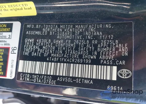 2012 Toyota Camry Le from USA, damaged, VIN 4T4BF1FK4CR269199